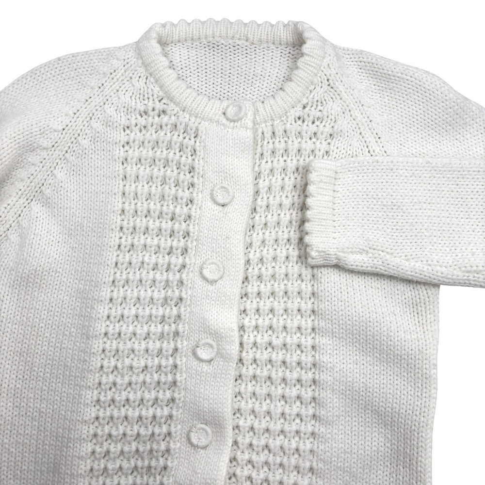 Vintage Cream White Chunky Knit Button Up Cardigan Sweater Waffle Texture Womens